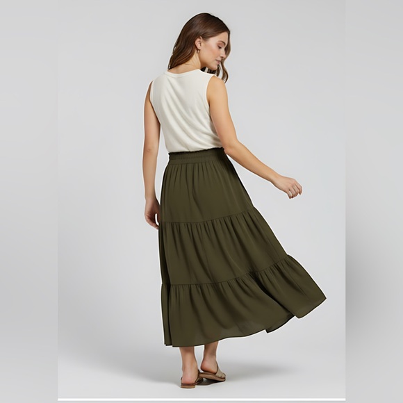 Army Green Boho Tiered Ruched Skirt - Picture 3 of 10